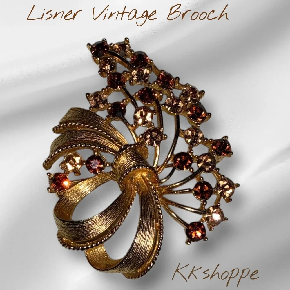 Lisner Vintage Gold Tone Ribbon & Floral Bouquet Brooch Rhinestone Jewelry